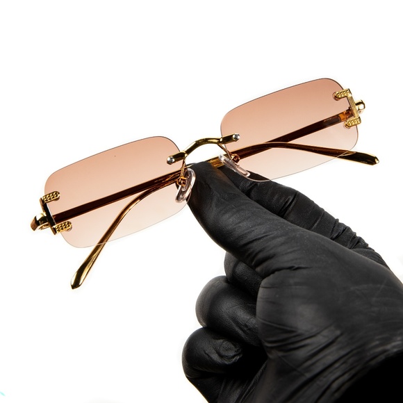 Gold Frame Peach Orange Tint Rimless Mens Y2K Hip Hop Fashion Summer Sunglasses - Picture 1 of 5